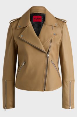 Blouson de motard asym&eacute;trique en cuir, Beige