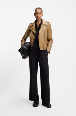 Chaqueta biker asim&eacute;trica en piel, Beige