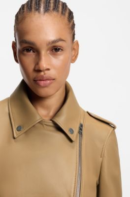 Blouson de motard asym&eacute;trique en cuir, Beige