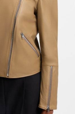 Chaqueta biker asim&eacute;trica en piel, Beige