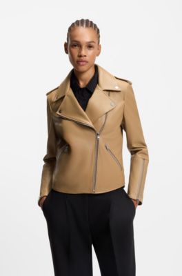Blouson de motard asym&eacute;trique en cuir, Beige