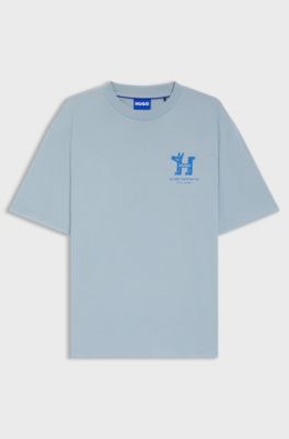 Cotton-jersey T-shirt with mixed graphic prints, Light Blue