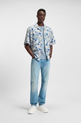 Cotton-jersey T-shirt with mixed graphic prints, Light Blue