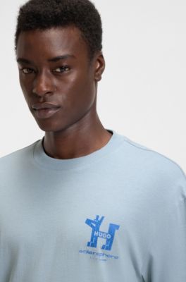 Cotton-jersey T-shirt with mixed graphic prints, Light Blue