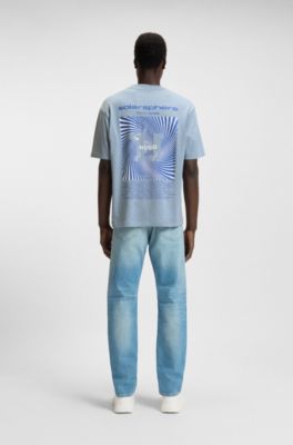 Cotton-jersey T-shirt with mixed graphic prints, Light Blue