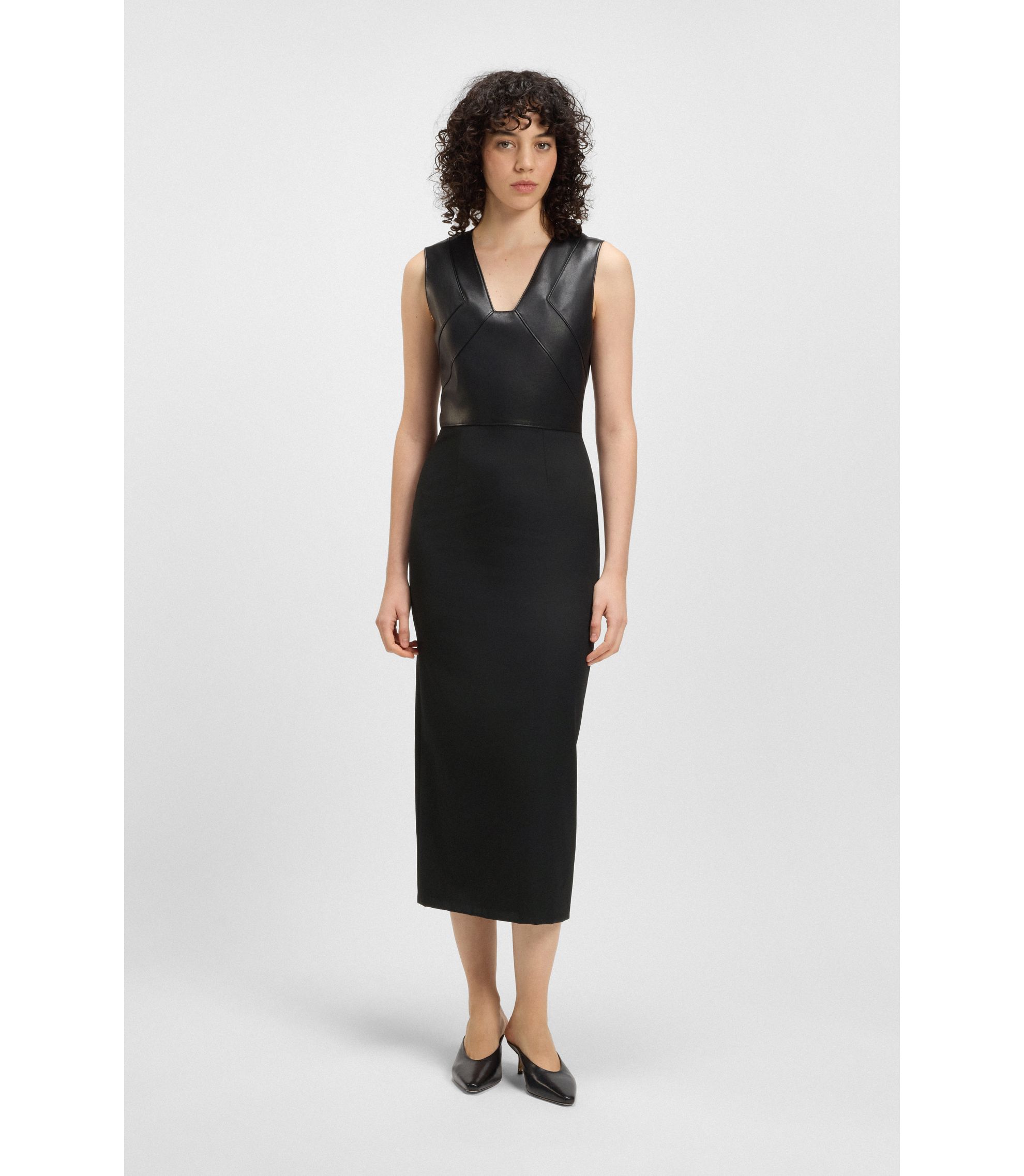 BOSS - Virgin-wool dress with leather bodice - Black