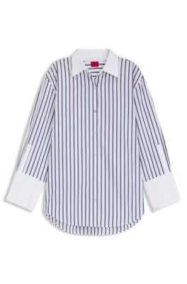 Striped blouse in cotton poplin with contrast trims, Blue Patterned
