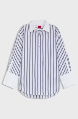 Striped blouse in cotton poplin with contrast trims, Blue Patterned