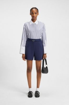 Striped blouse in cotton poplin with contrast trims, Blue Patterned