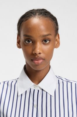 Striped blouse in cotton poplin with contrast trims, Blue Patterned