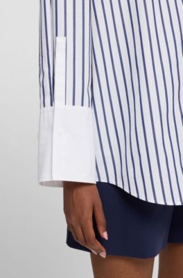 Striped blouse in cotton poplin with contrast trims, Blue Patterned
