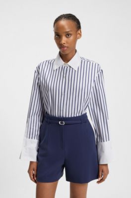 Striped blouse in cotton poplin with contrast trims, Blue Patterned