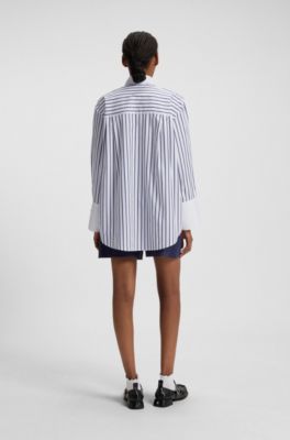 Striped blouse in cotton poplin with contrast trims, Blue Patterned