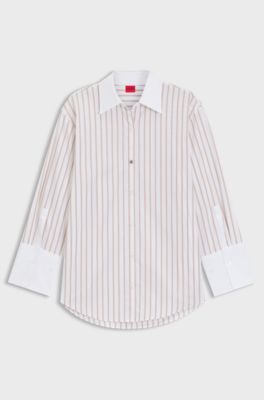 Striped blouse in cotton poplin with contrast trims, Patterned