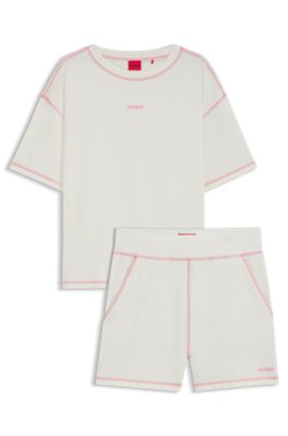 Stretch-cotton pyjamas with contrast logos, Natural