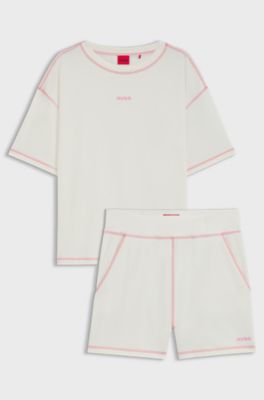 Pyjama van stretchkatoen met contrastlogo&rsquo;s, Naturel