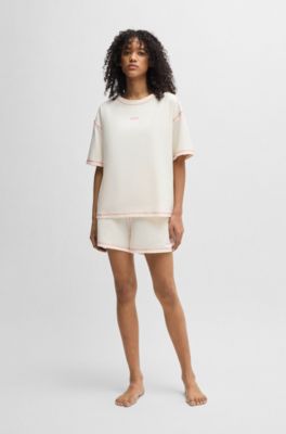Stretch-cotton pyjamas with contrast logos, Natural