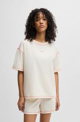 Stretch-cotton pyjamas with contrast logos, Natural
