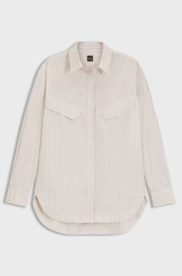 Oversized Bluse aus gestreifter Baumwolle, Hellbeige