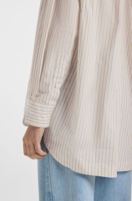 Oversized-fit blouse in striped cotton, Light Beige
