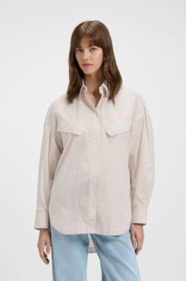 Oversized-fit blouse in striped cotton, Light Beige
