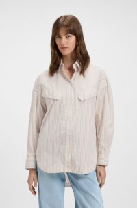 Camicetta oversize in cotone a righe, Beige chiaro