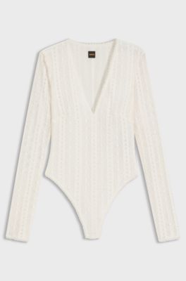 V-neck bodysuit with embroidered structure, Natural