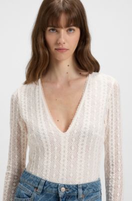 V-neck bodysuit with embroidered structure, Natural