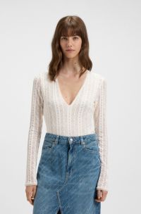 Body con scollo a V e lavorazione ricamata, Colore neutro