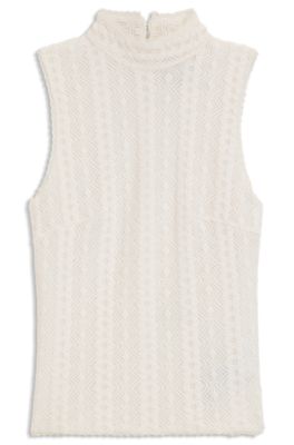 Top med h&oslash;j hals og tekstureret m&oslash;nster, Naturlig