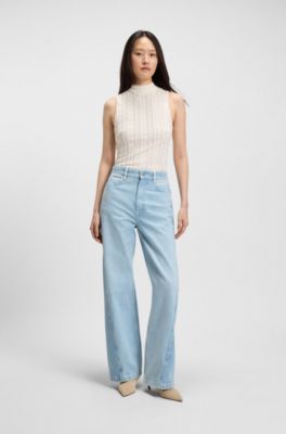 Top med h&oslash;j hals og tekstureret m&oslash;nster, Naturlig