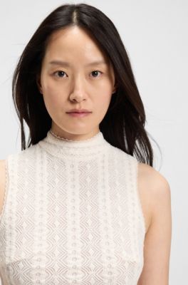 Top med h&oslash;j hals og tekstureret m&oslash;nster, Naturlig