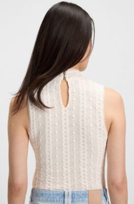 Top med h&oslash;j hals og tekstureret m&oslash;nster, Naturlig