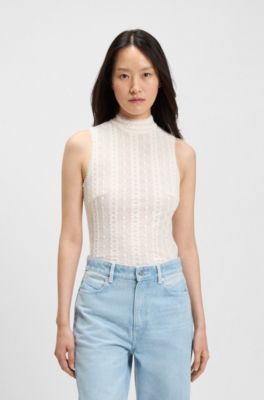 Top med h&oslash;j hals og tekstureret m&oslash;nster, Naturlig