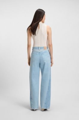 Top med h&oslash;j hals og tekstureret m&oslash;nster, Naturlig