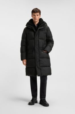 Water-repellent long parka jacket, Black