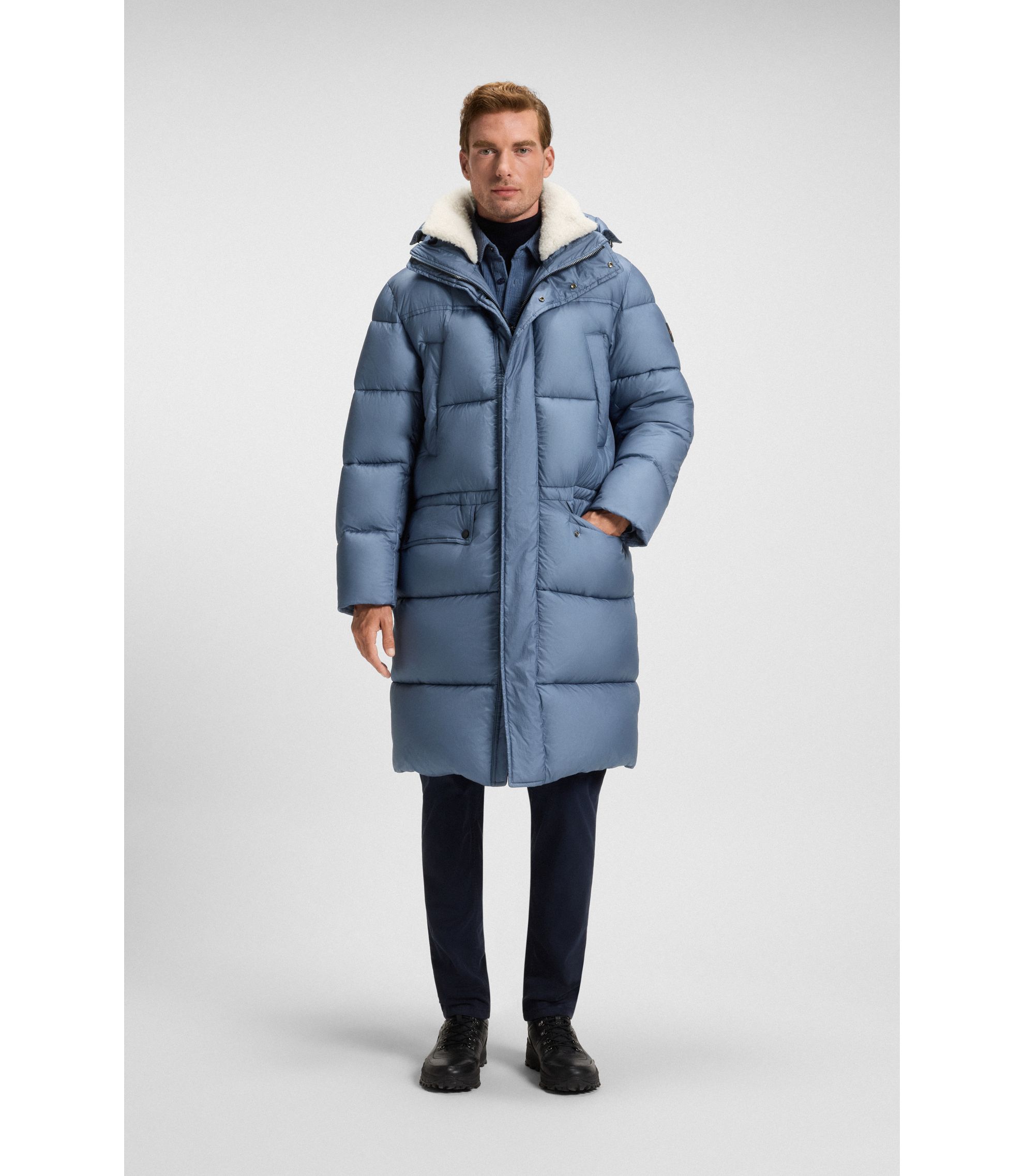 BOSS - Water-repellent long parka jacket - Light Blue
