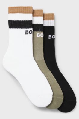 Three-pack of short-length socks with signature stripes, Green / Black / White