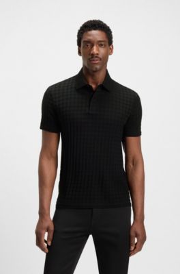 Porsche&nbsp;x&nbsp;BOSS Poloshirt aus merzerisiertem Baumwoll-Jacquard mit Hahnentritt-Muster, Schwarz