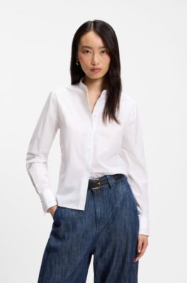 Regular-fit blouse in cotton poplin with concealed placket, White