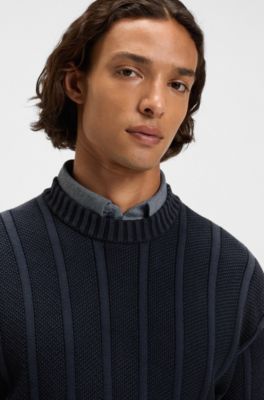 Cotton sweater with rib and ricecorn structures, Dark Blue