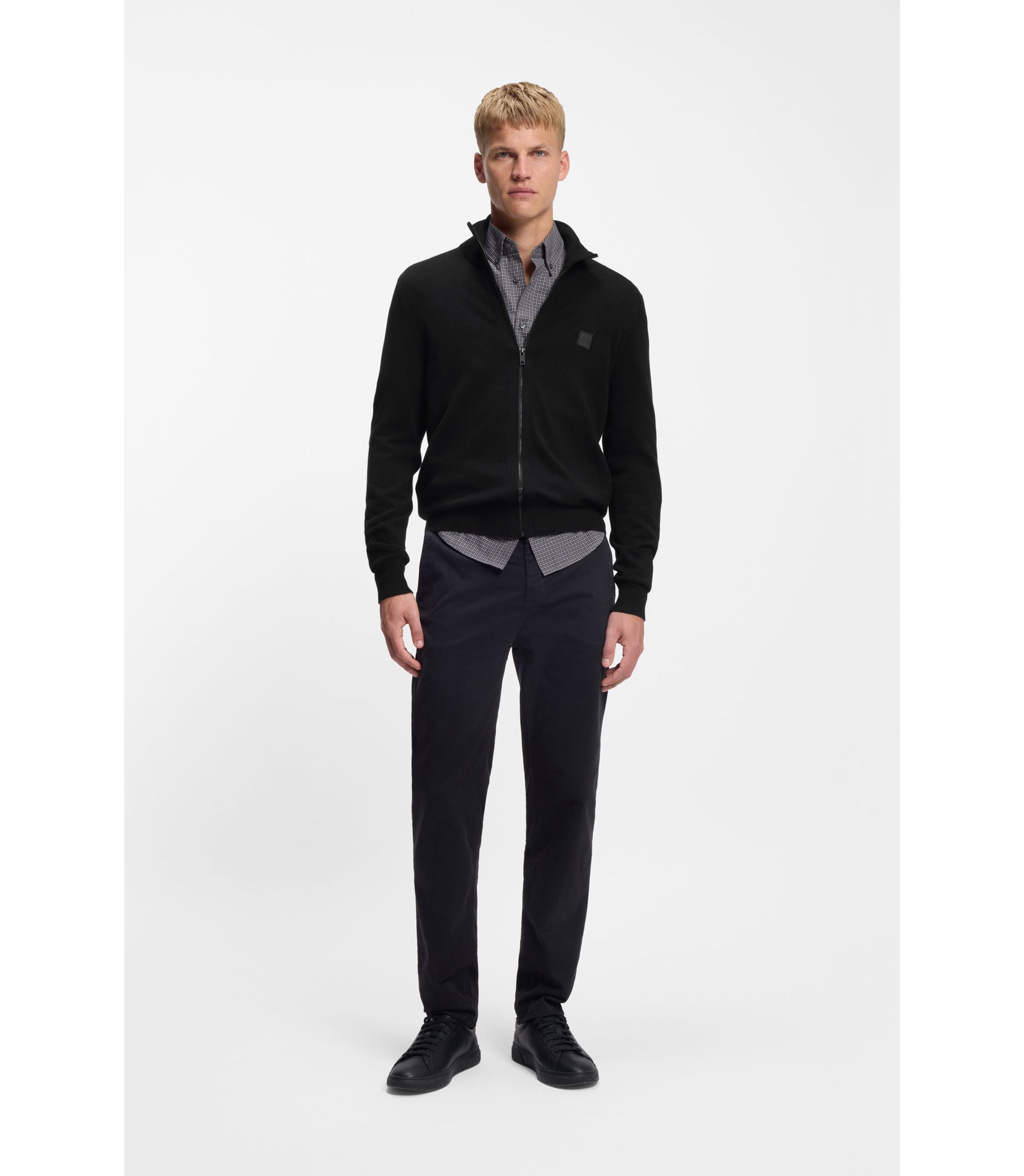 BOSS - コットン/カシミア ニットジャケット ロゴパッチ - ブラック