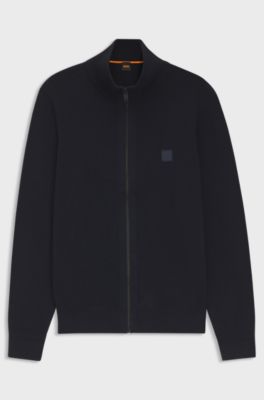 Cotton-cashmere knitted jacket with logo patch, Dark Blue