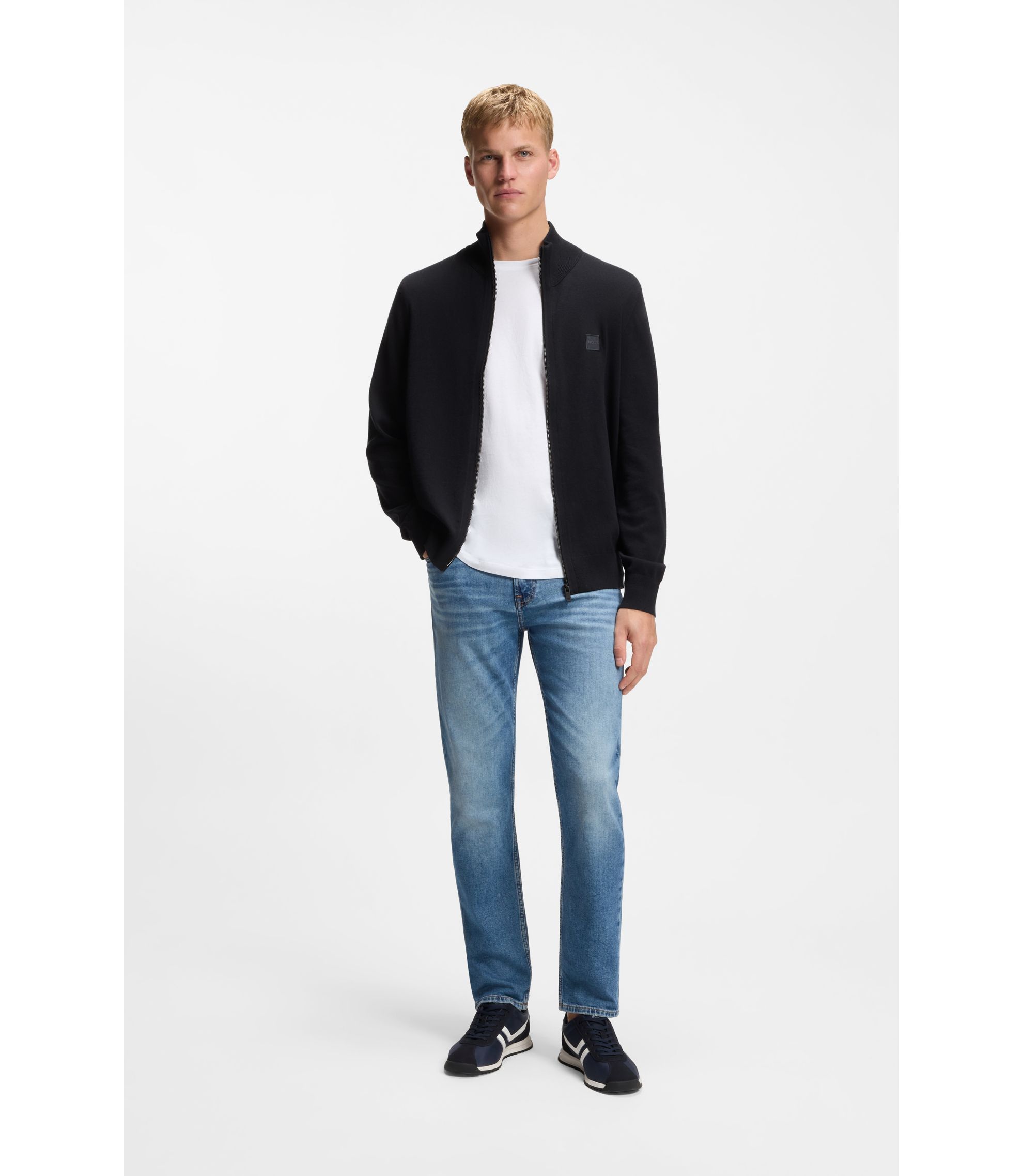 BOSS - コットン/カシミア ニットジャケット ロゴパッチ - ダークブルー