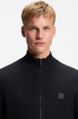 Cotton-cashmere knitted jacket with logo patch, Dark Blue