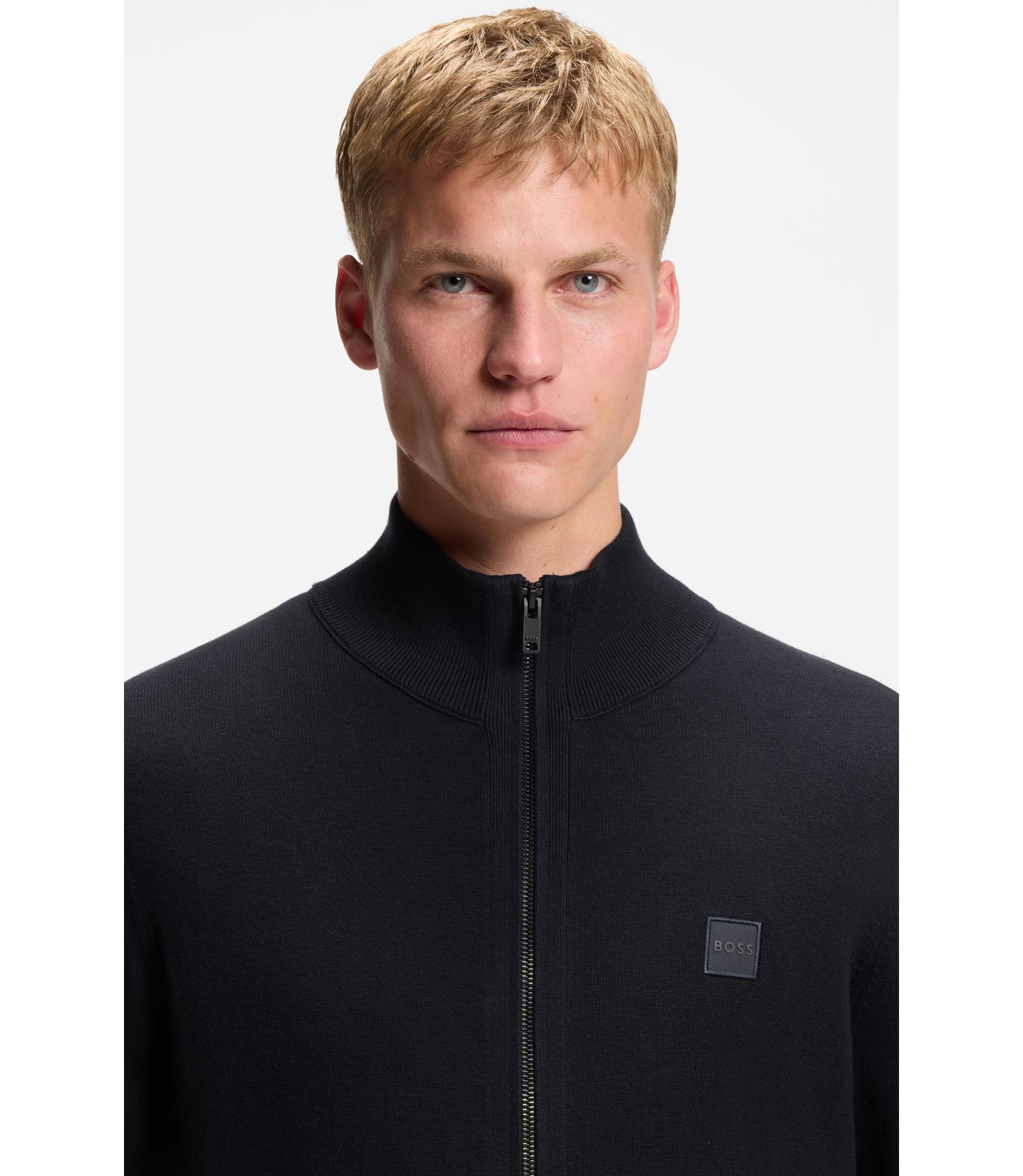 BOSS - コットン/カシミア ニットジャケット ロゴパッチ - ダークブルー