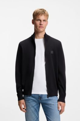 Cotton-cashmere knitted jacket with logo patch, Dark Blue