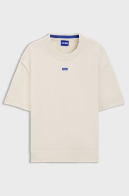 Knit sweater with short sleeves and blue logo badge, Natural