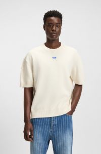 Knit sweater with short sleeves and blue logo badge, Natural