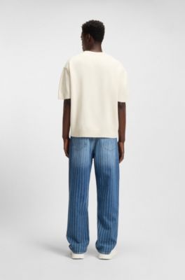 Pull en maille &agrave; manches courtes et badge logot&eacute; bleu, Naturel